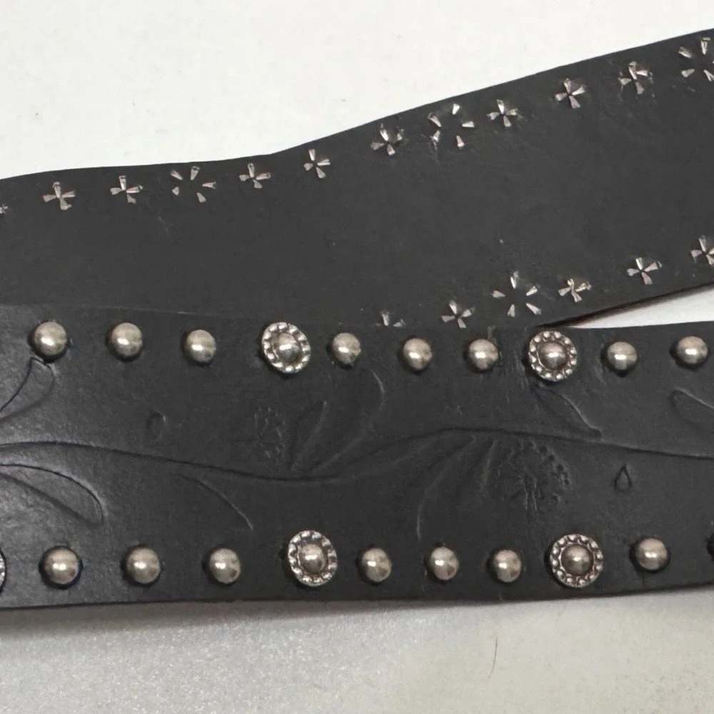 Western Black Leather Studded Floral Embossed Belt Silver Ornate Buckle Boho